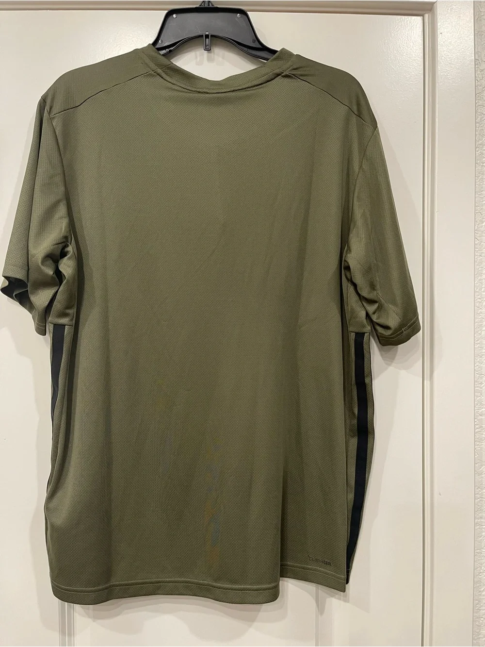 adidas Olive Green Short Sleeve Performance Tee with Black Stripes